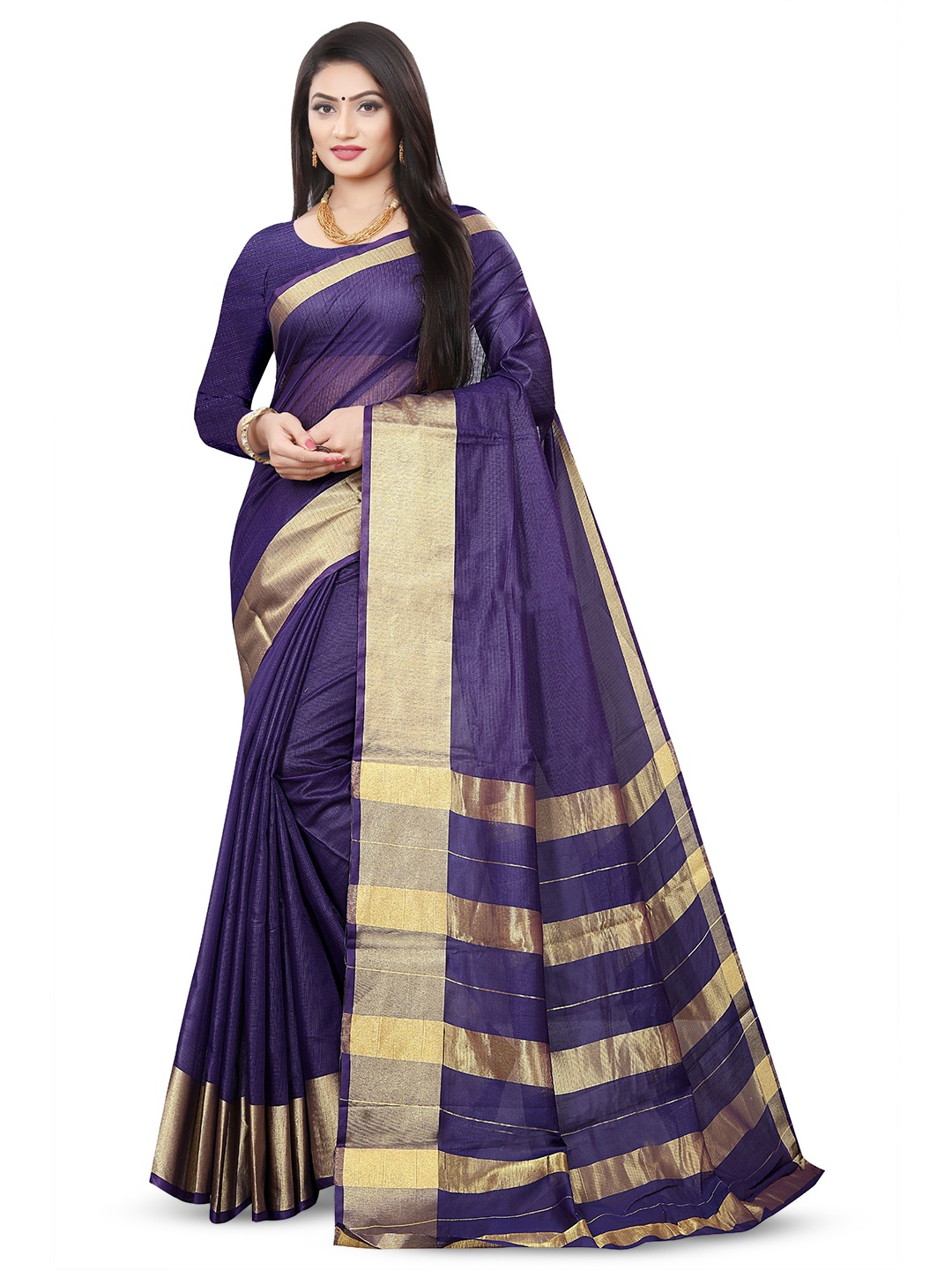 

V3 FASHION STUDIO Striped Zari Pure Cotton Banarasi Saree, Navy blue