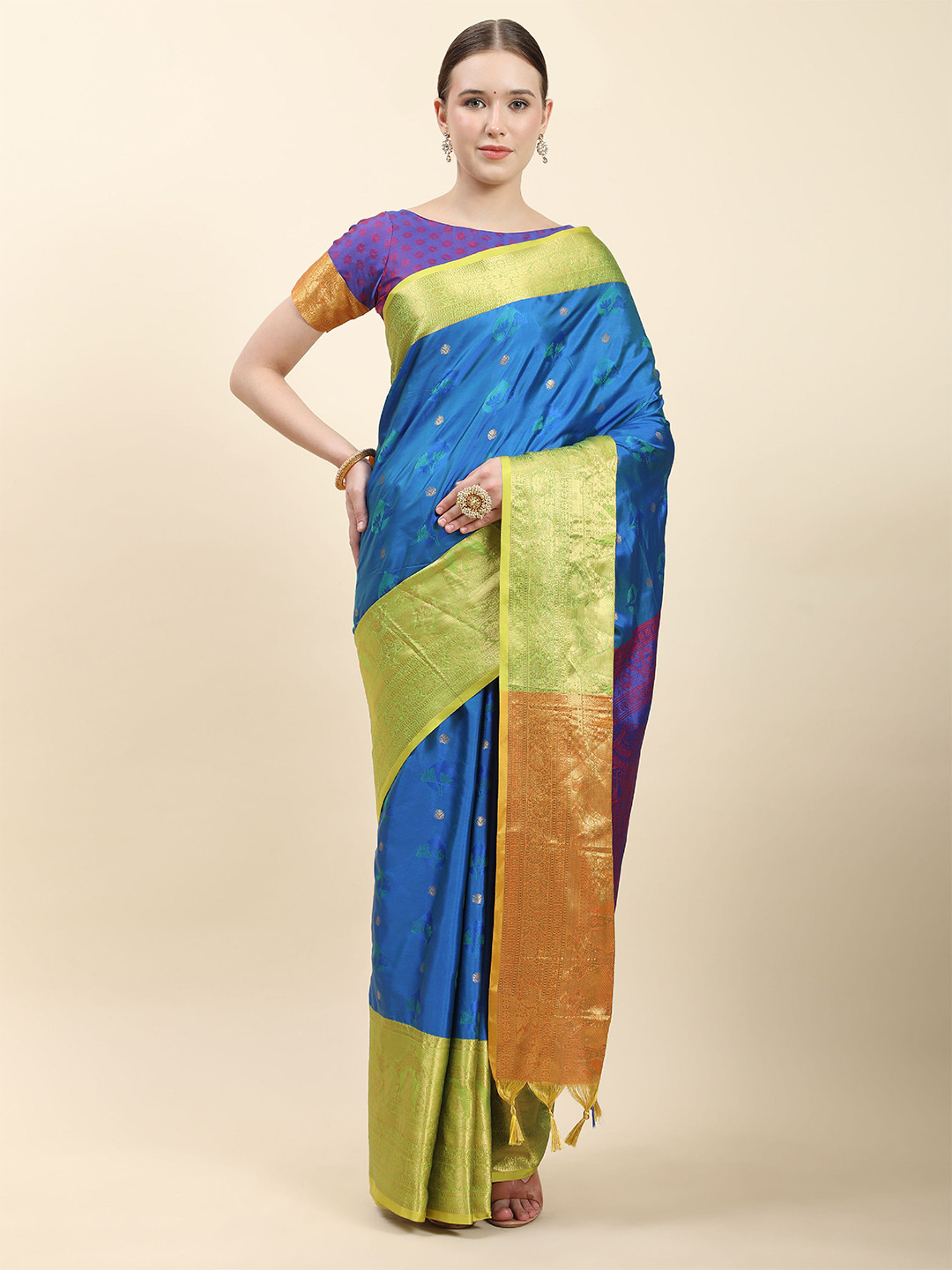 

V3 FASHION STUDIO Ethnic Motifs Woven Design Zari Pure Silk Banarasi Saree, Blue