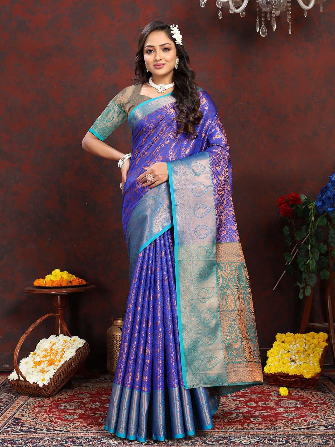 

V3 FASHION STUDIO Woven Design Zari Pure Silk Banarasi Saree, Blue