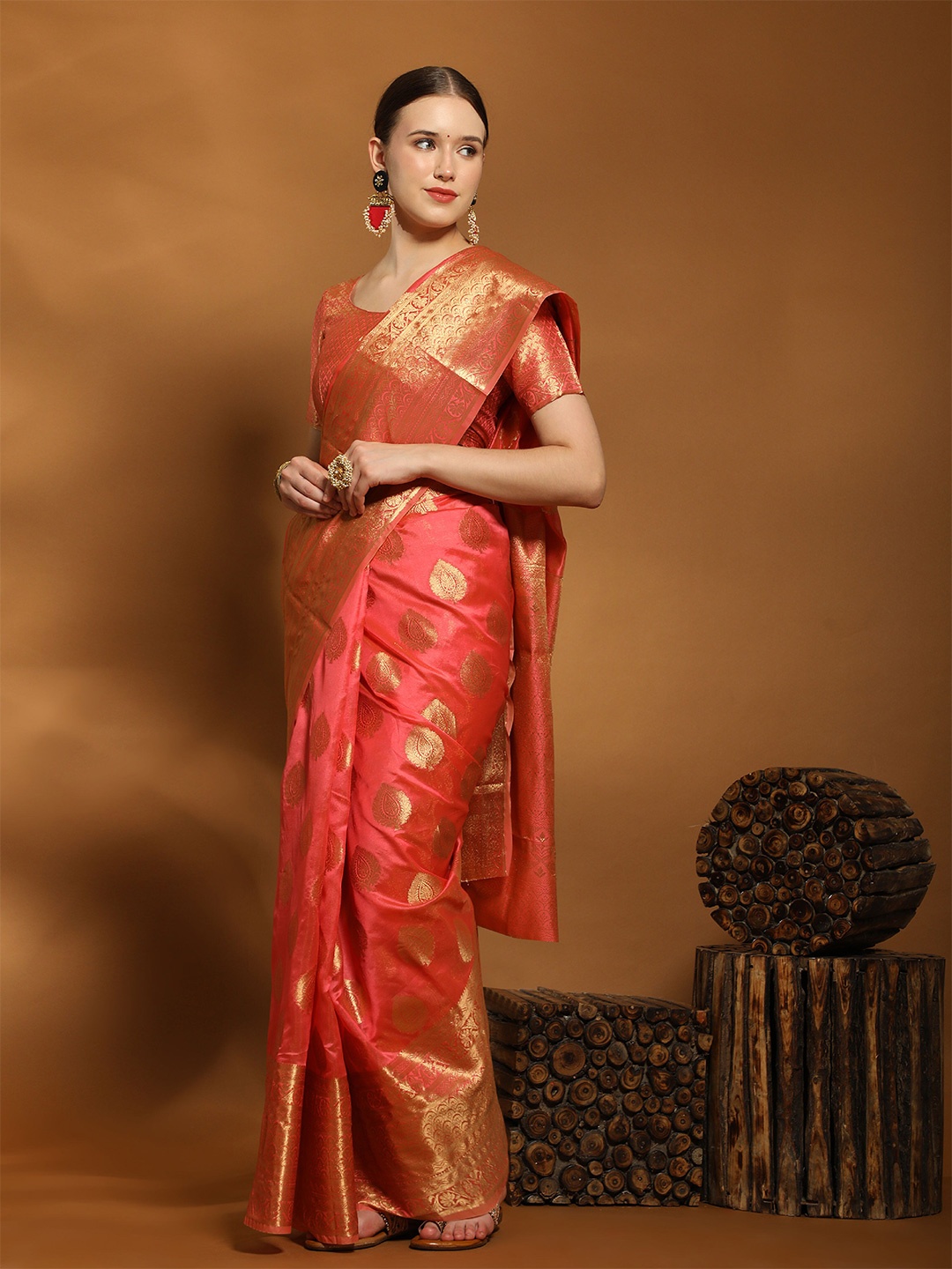 

V3 FASHION STUDIO Ethnic Motifs Woven Design Zari Pure Silk Banarasi Saree, Red