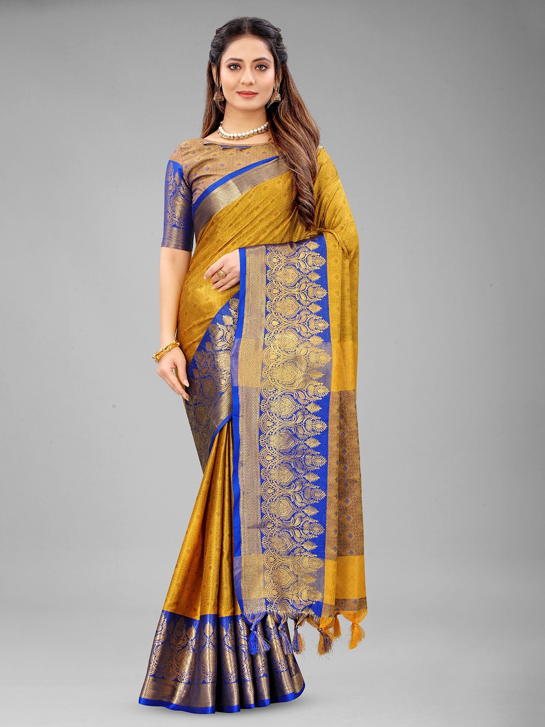 

V3 FASHION STUDIO Ethnic Motifs Woven Design Zari Pure Silk Banarasi Saree, Mustard