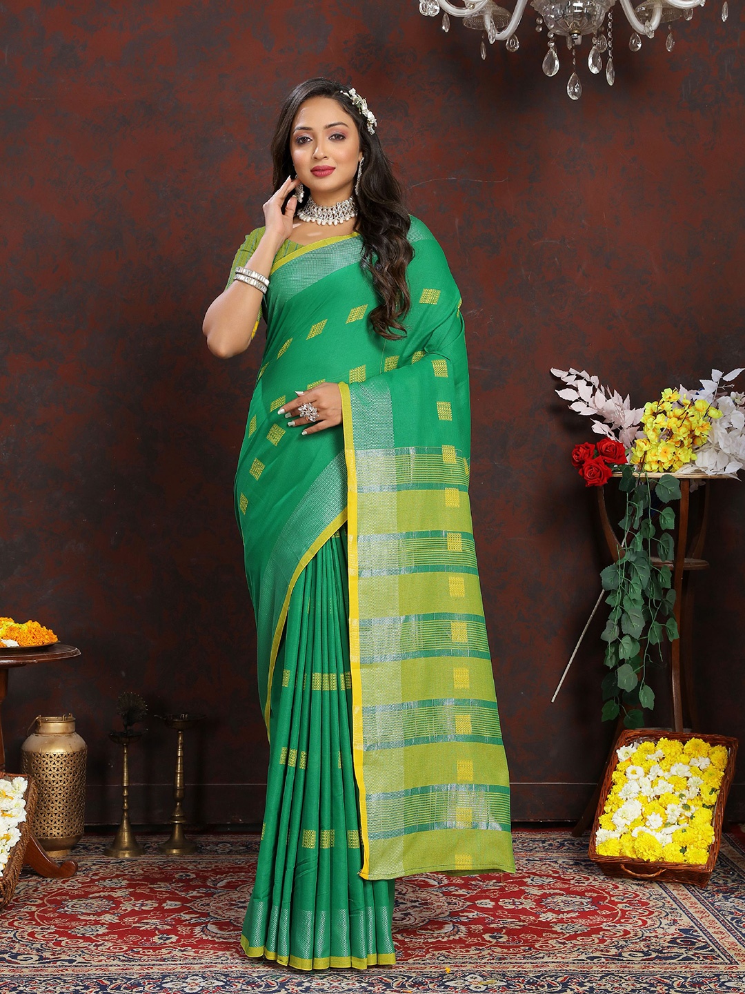 

V3 FASHION STUDIO Woven Design Zari Pure Cotton Banarasi Saree, Green