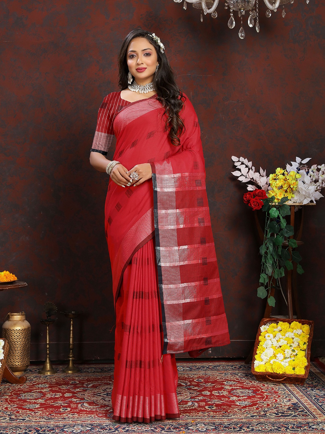

V3 FASHION STUDIO Striped Zari Pure Cotton Banarasi Saree, Red