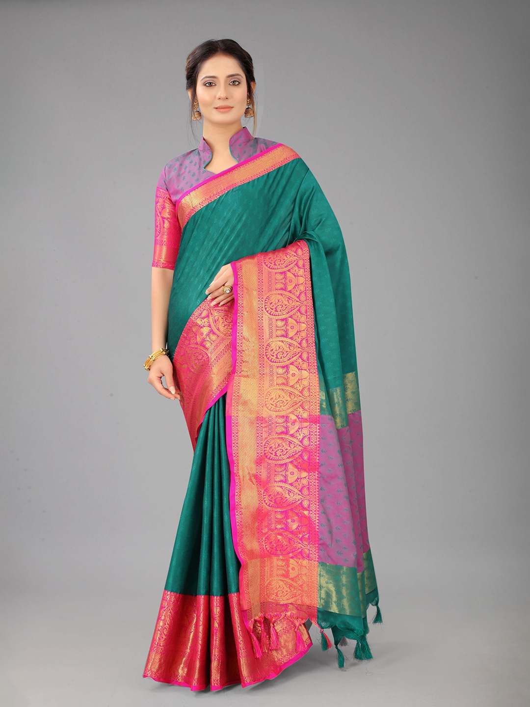 

V3 FASHION STUDIO Ethnic Motifs Woven Design Zari Pure Silk Banarasi Saree, Green