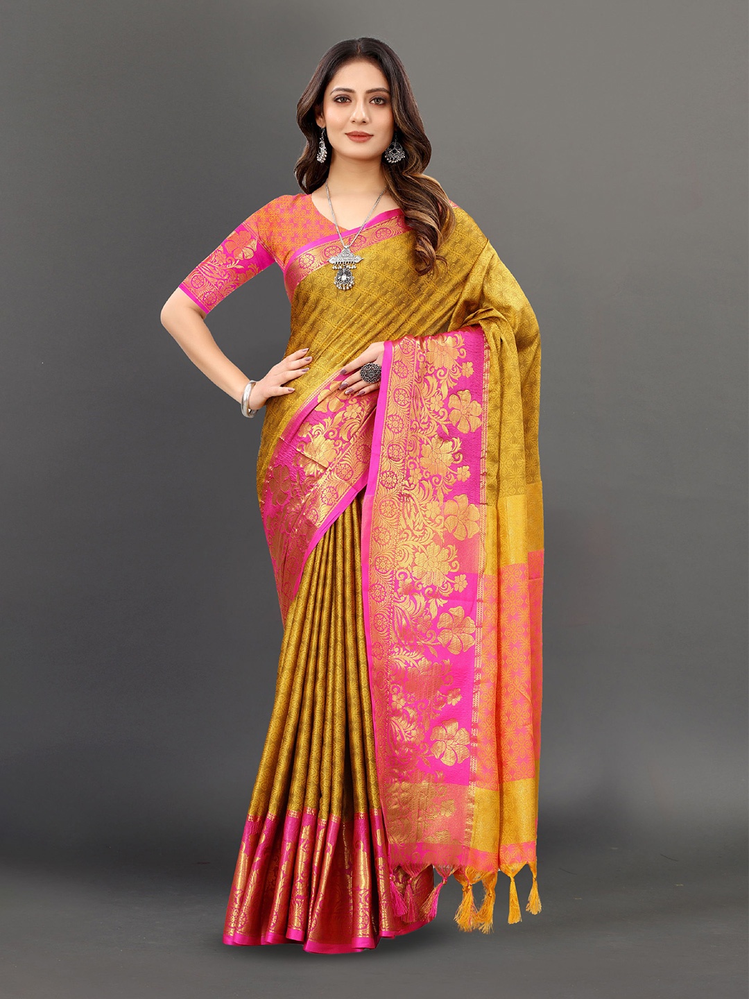

V3 FASHION STUDIO Ethnic Motifs Woven Design Zari Pure Silk Banarasi Saree, Mustard