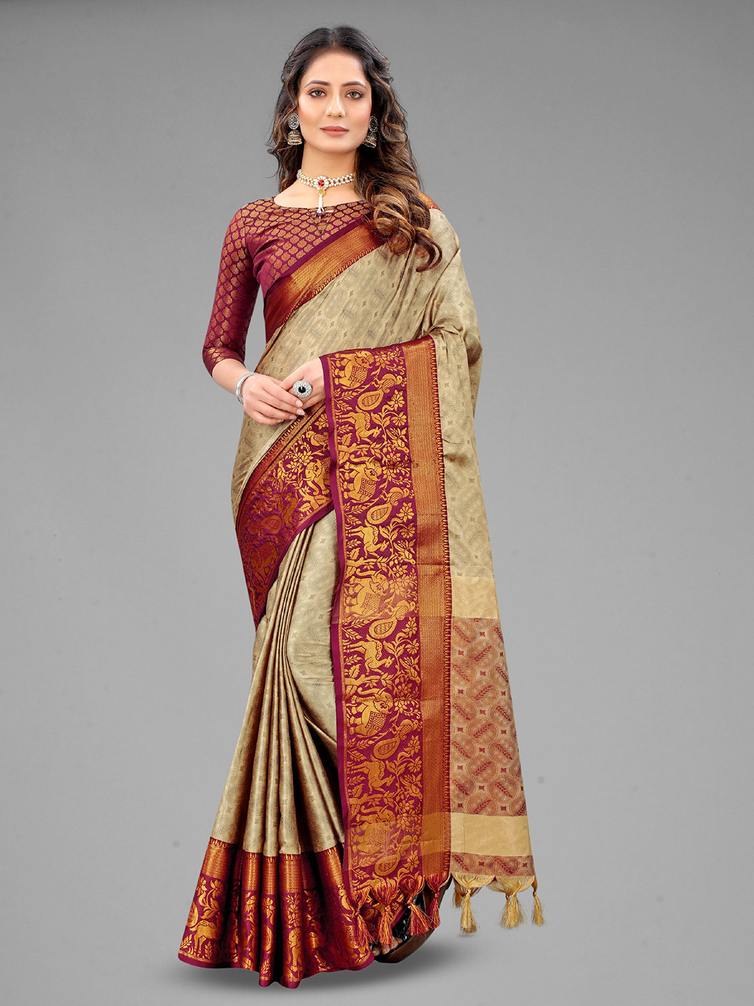 

V3 FASHION STUDIO Ethnic Motifs Woven Design Zari Pure Silk Banarasi Saree, Cream