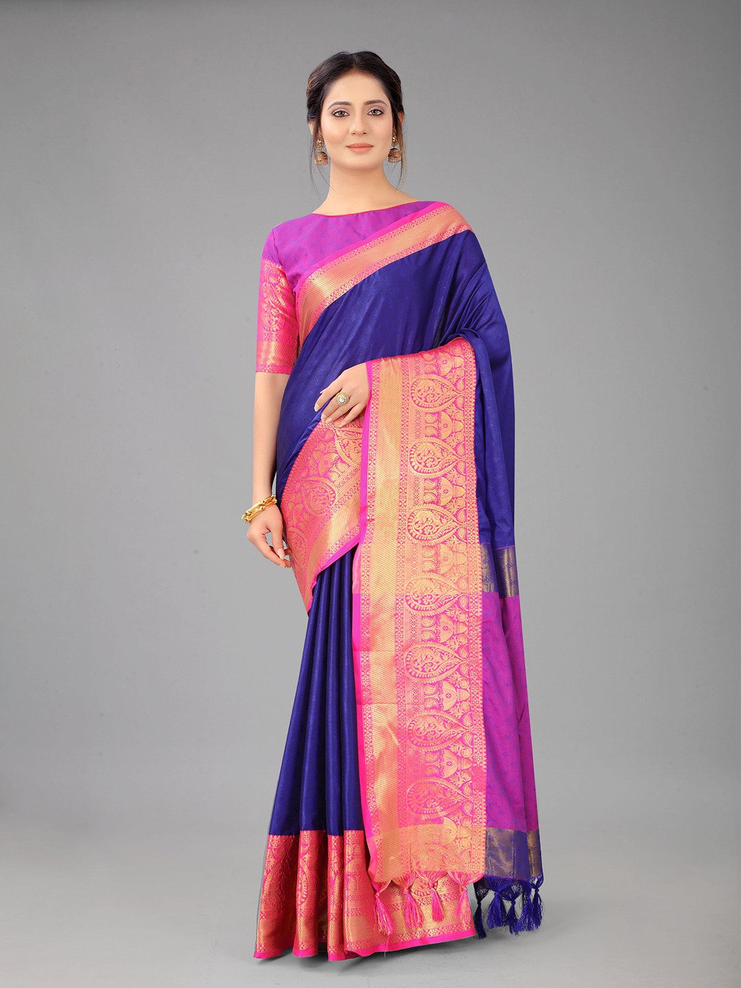

V3 FASHION STUDIO Ethnic Motifs Woven Design Zari Pure Silk Banarasi Saree, Blue