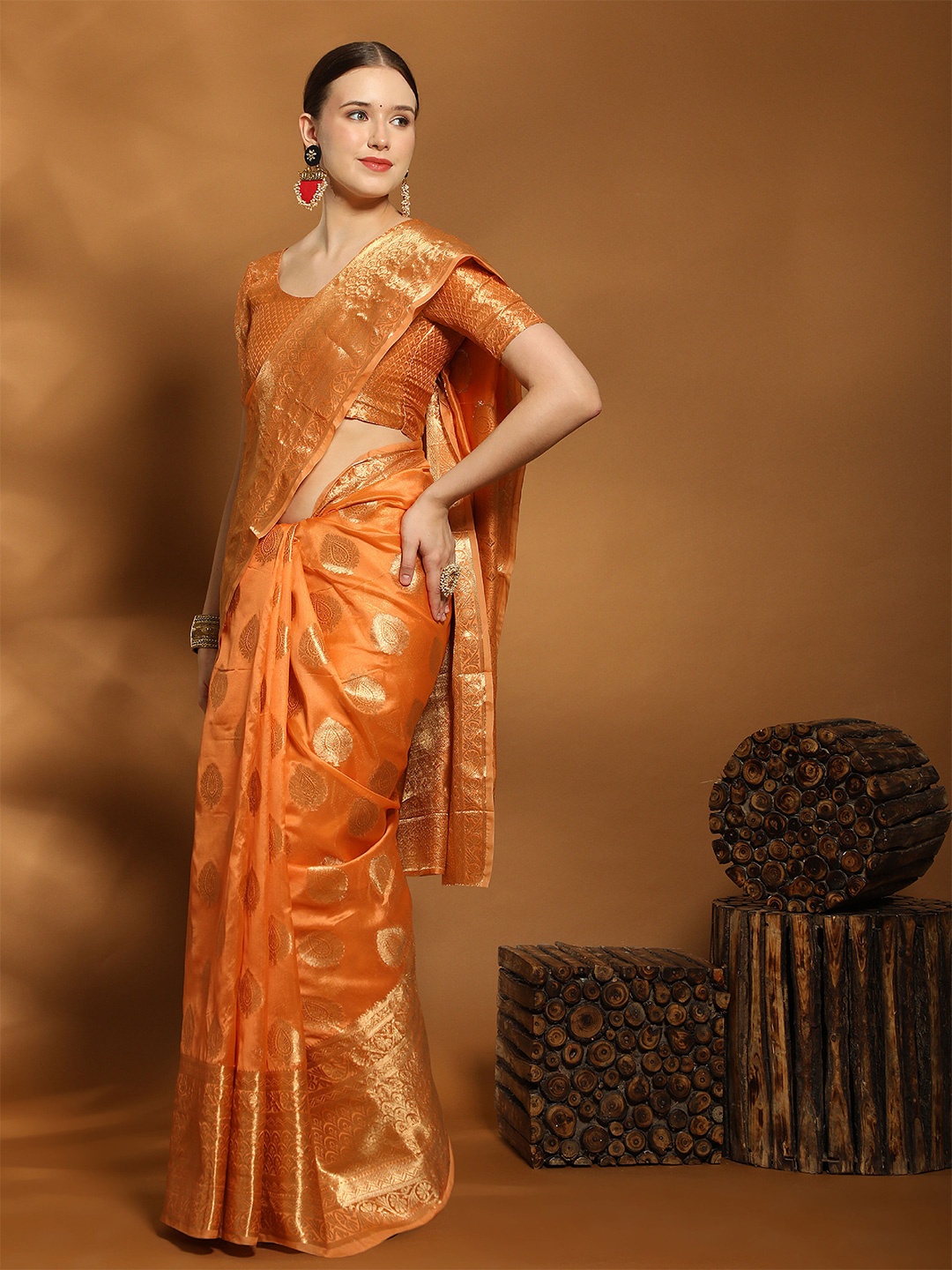 

V3 FASHION STUDIO Floral Woven Design Zari Pure Silk Banarasi Saree, Orange