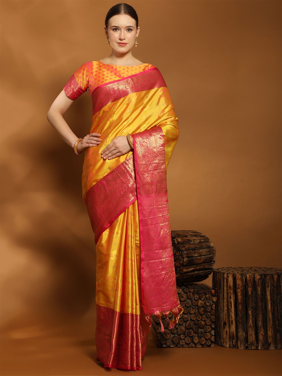 

V3 FASHION STUDIO Floral Woven Design Zari Pure Silk Banarasi Saree, Yellow