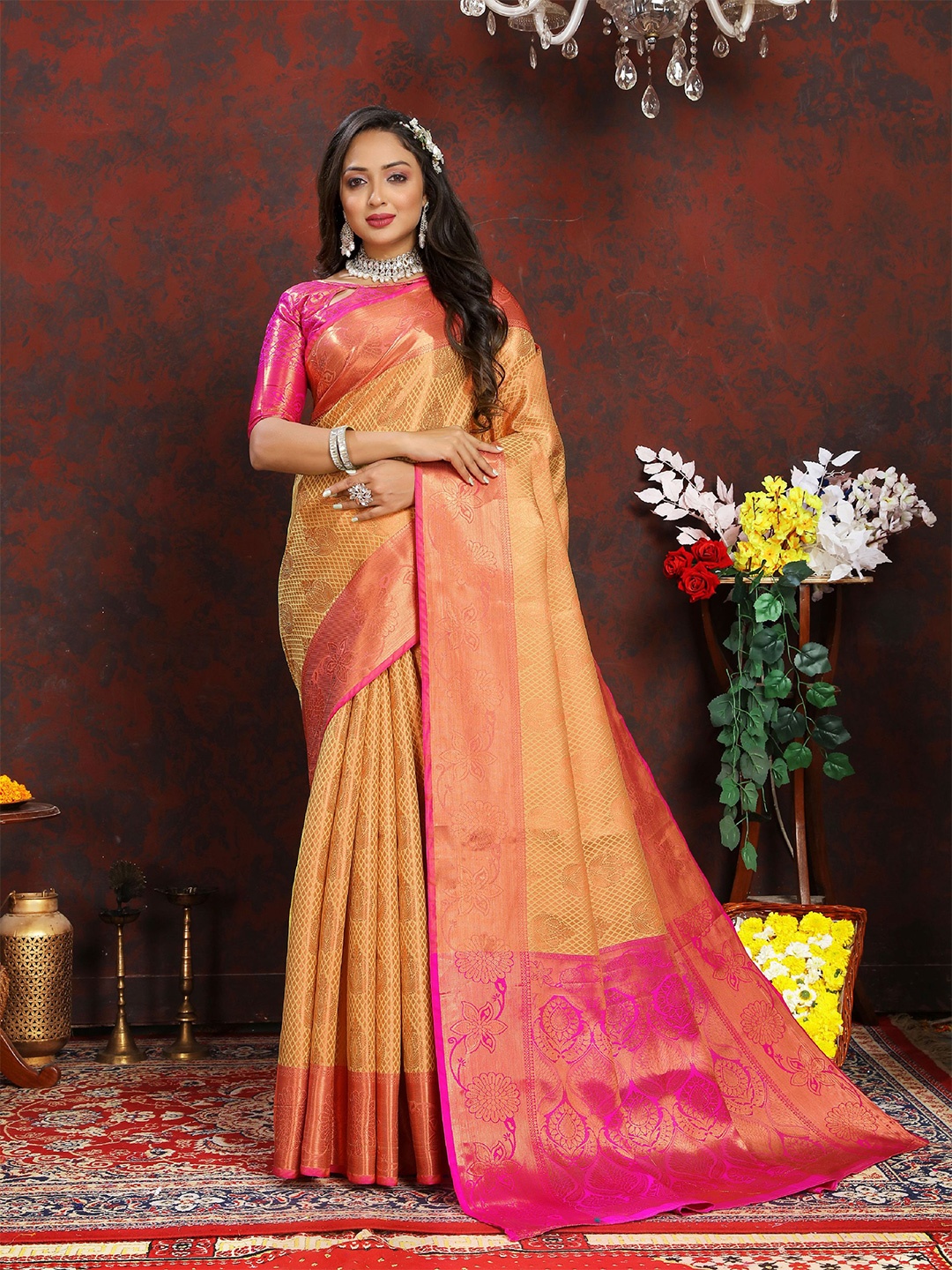 

V3 FASHION STUDIO Woven Design Zari Pure Silk Banarasi Saree, Orange