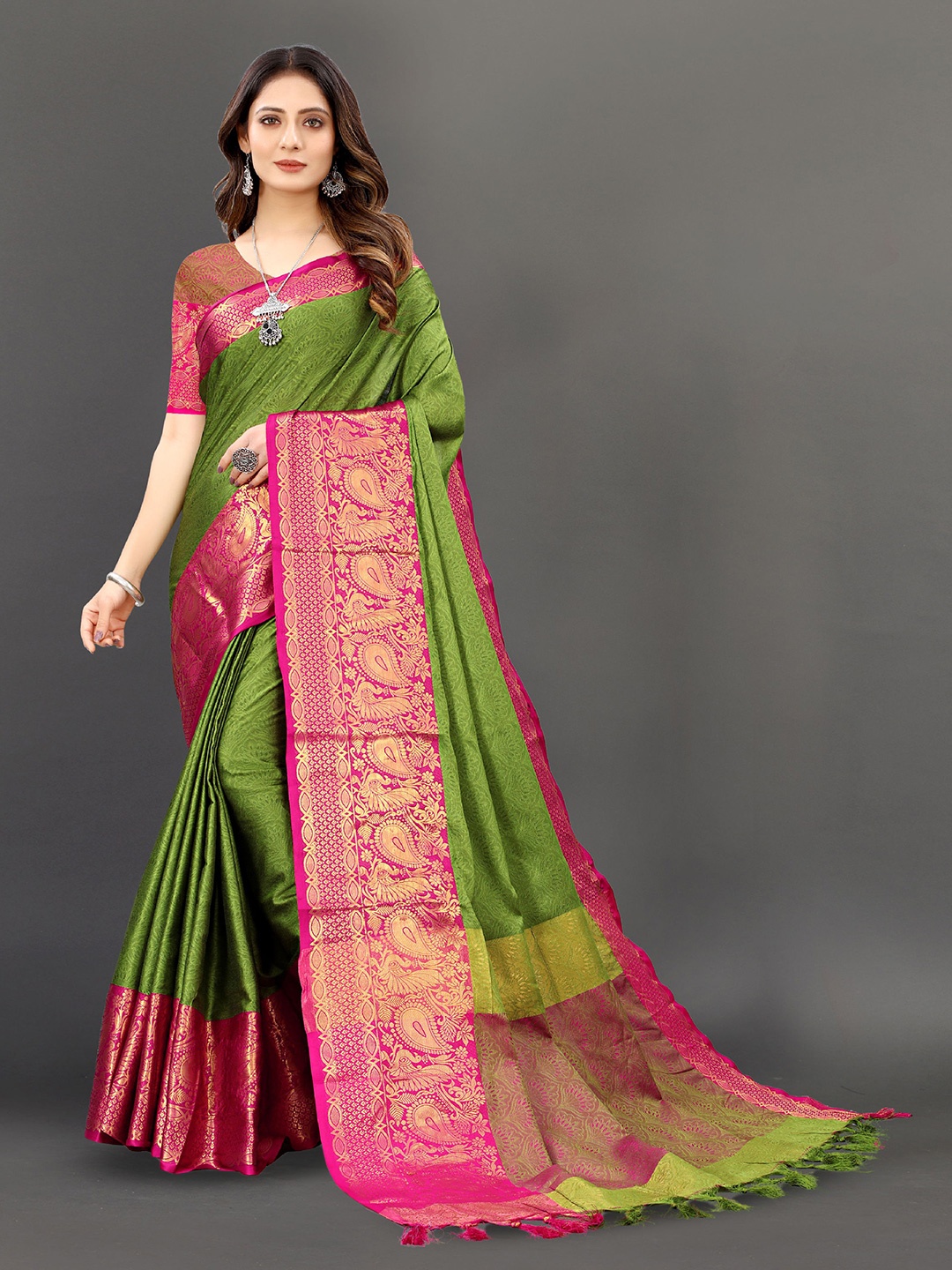 

V3 FASHION STUDIO Ethnic Woven Design Zari Pure Silk Banarasi Saree, Green