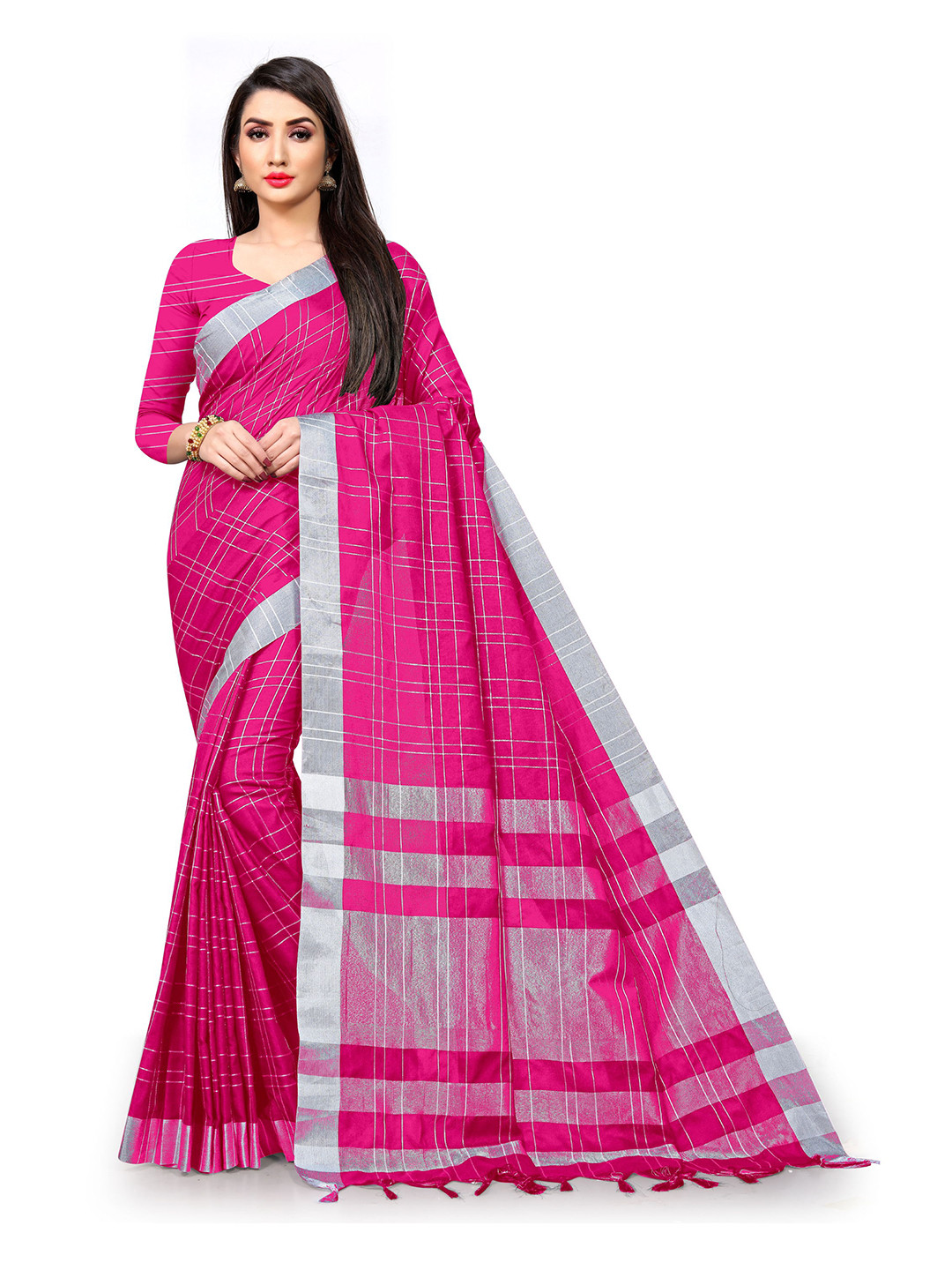 

V3 FASHION STUDIO Checked Zari Pure Cotton Banarasi Saree, Pink