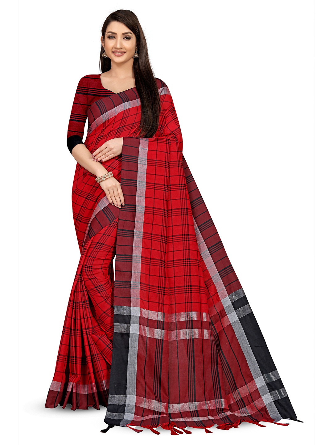 

V3 FASHION STUDIO Striped Zari Pure Cotton Banarasi Saree, Red