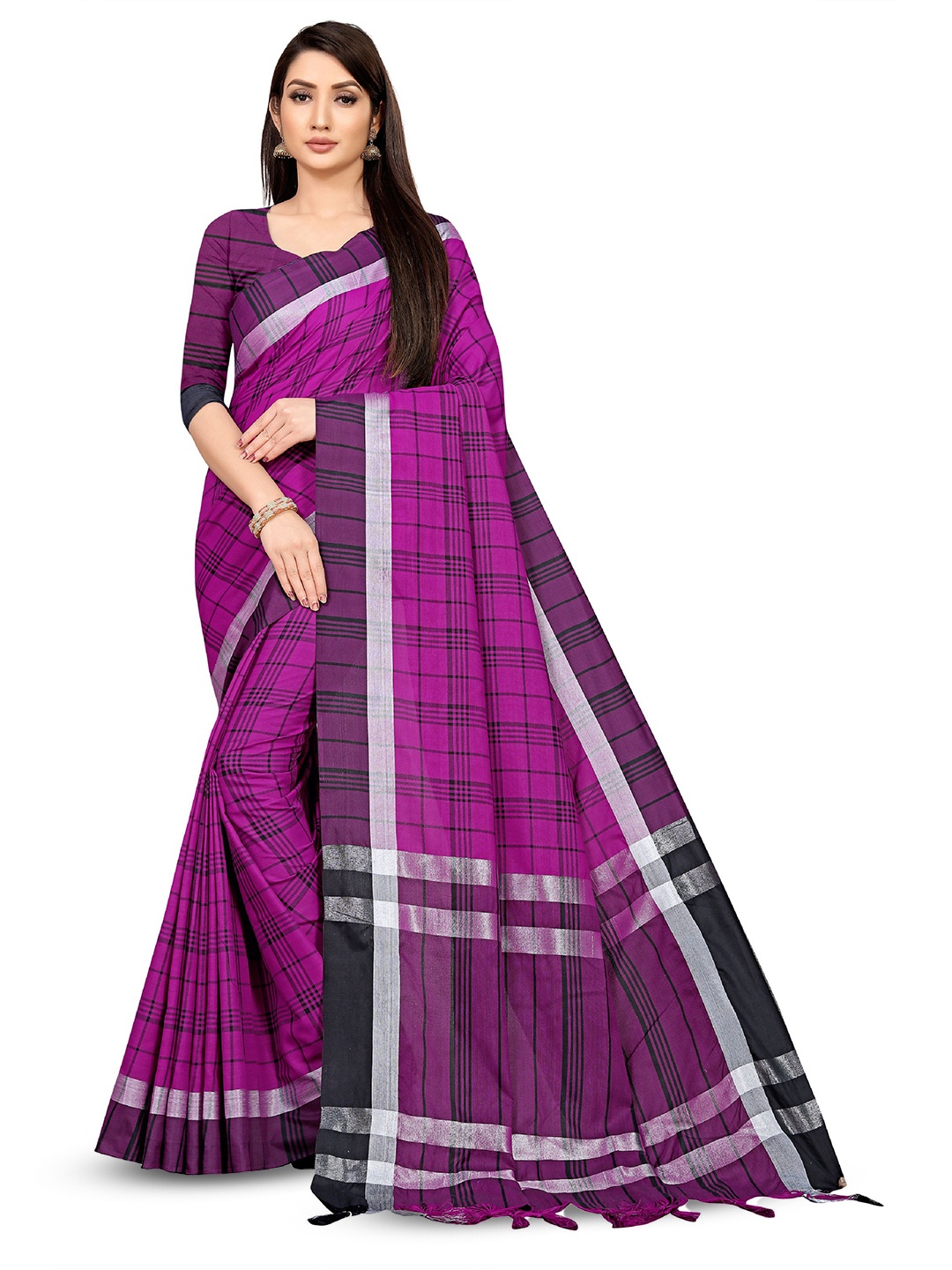 

V3 FASHION STUDIO Checked Zari Pure Cotton Banarasi Saree, Purple