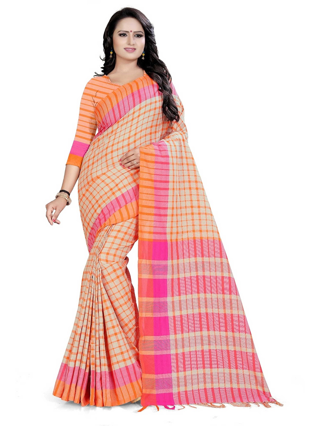 

V3 FASHION STUDIO Checked Pure Cotton Banarasi Saree, Peach