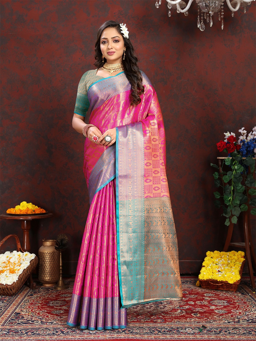 

V3 FASHION STUDIO Woven Design Zari Pure Silk Banarasi Saree, Pink