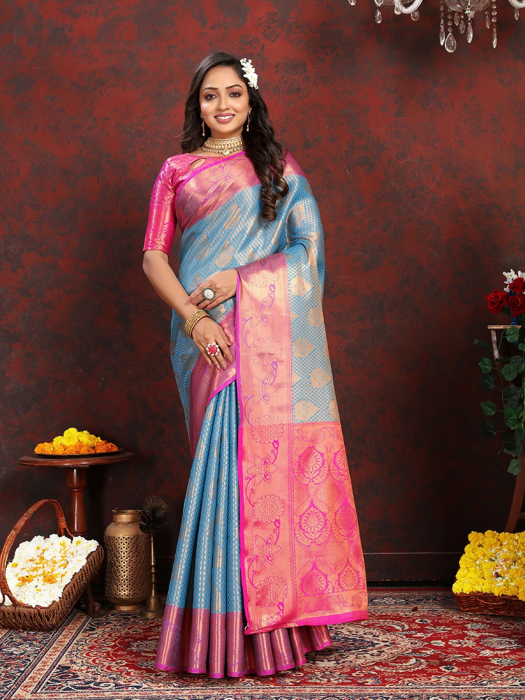 

V3 FASHION STUDIO Ethnic Motifs Woven Design Zari Pure Silk Banarasi Saree, Blue