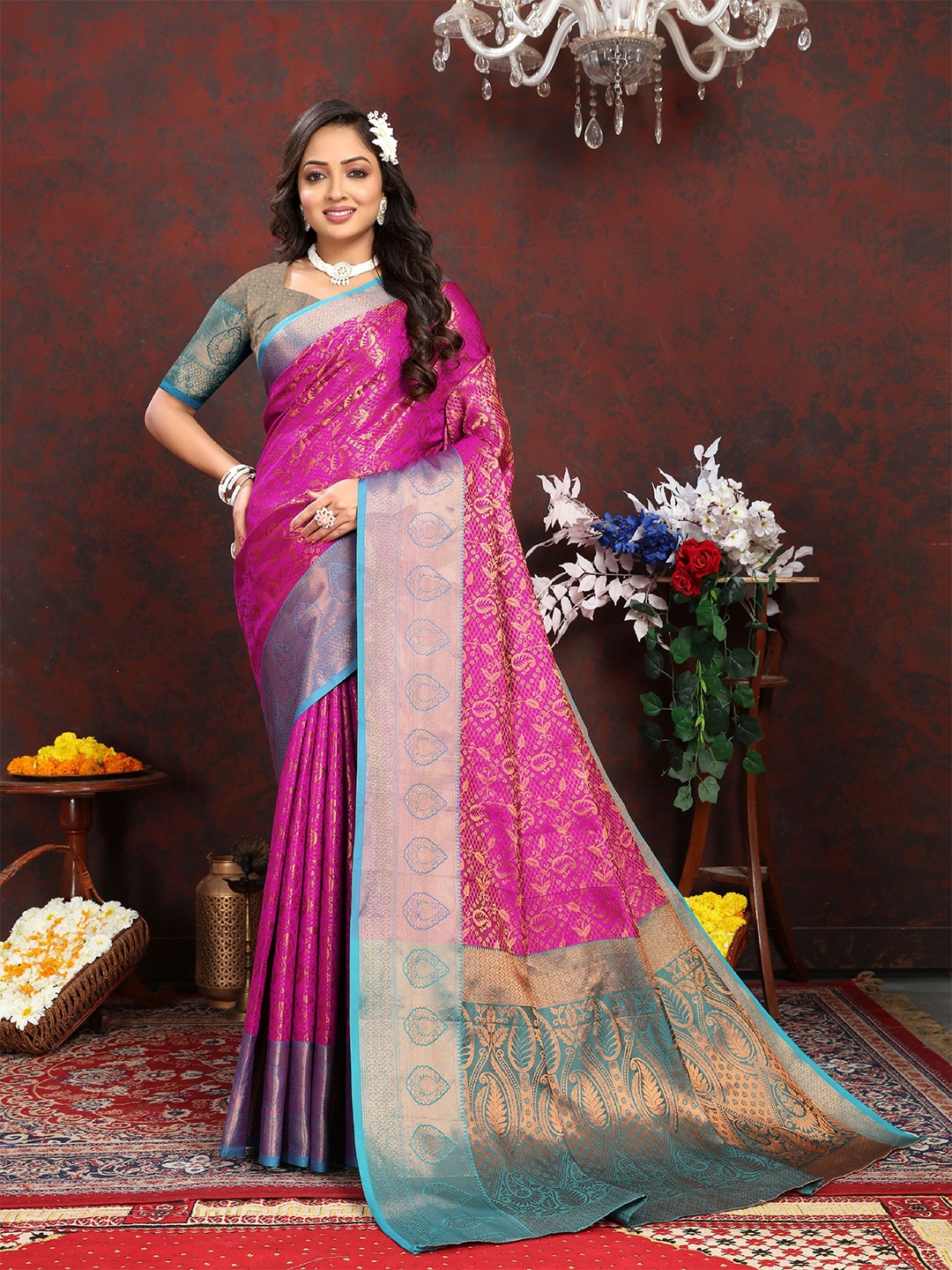 

V3 FASHION STUDIO Floral Woven Design Zari Pure Silk Banarasi Saree, Pink