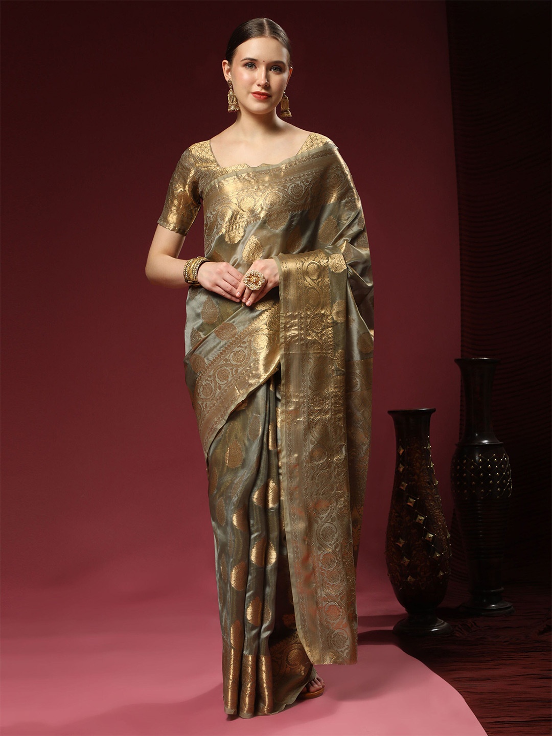 

V3 FASHION STUDIO Woven Design Zari Pure Silk Banarasi Saree, Grey