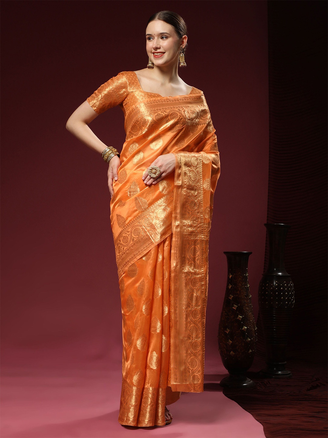 

V3 FASHION STUDIO Ethnuic Motifs Woven Design Zari Pure Silk Banarasi Saree, Orange