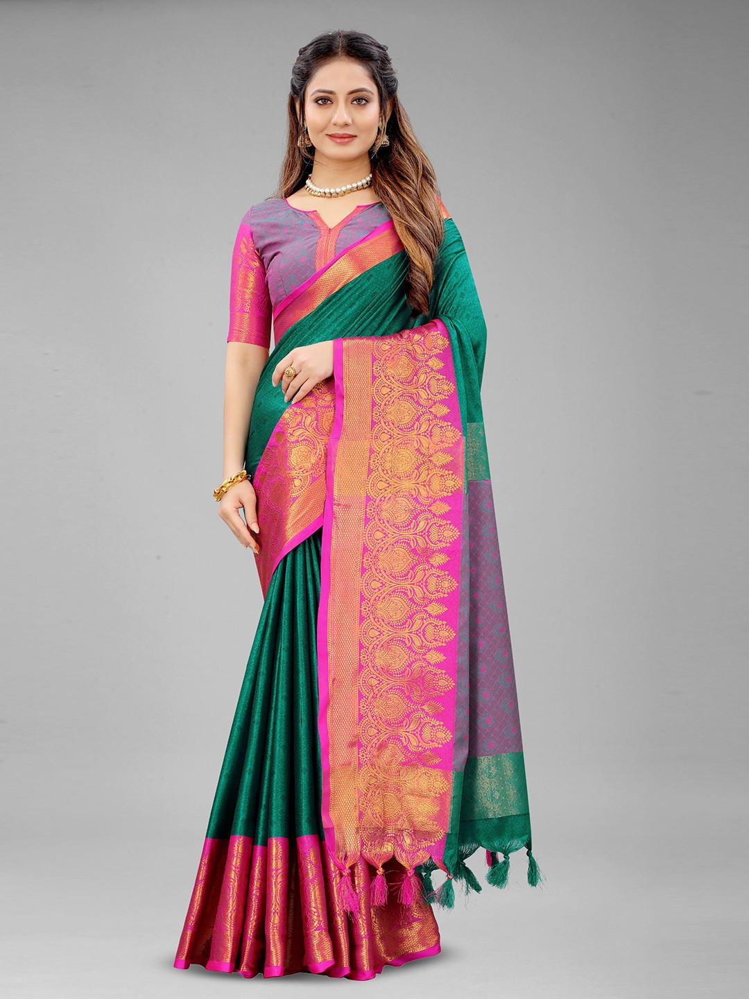

V3 FASHION STUDIO Woven Design Zari Pure Silk Banarasi Saree, Green