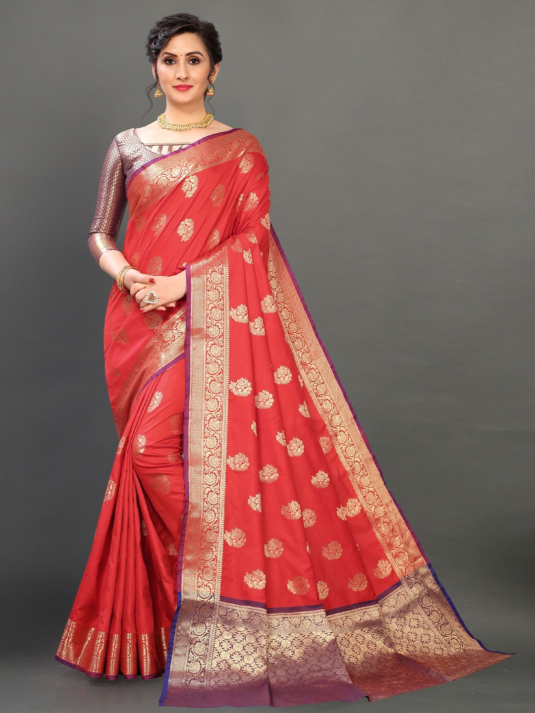 

V3 FASHION STUDIO Ethnic Woven Design Zari Pure Silk Banarasi Saree, Red