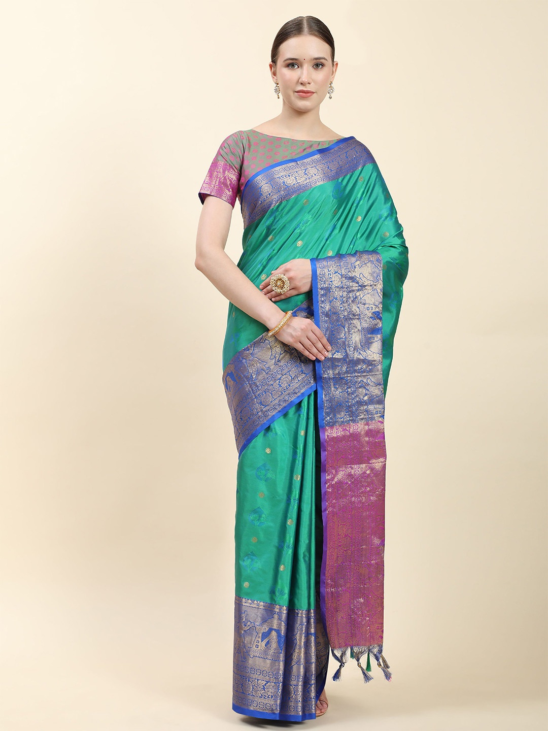 

V3 FASHION STUDIO Ethnic Motifs Woven Design Zari Pure Silk Banarasi Saree, Blue