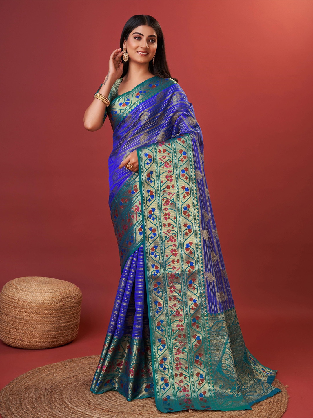 

V3 FASHION STUDIO Ethnuic Motifs Woven Design Zari Pure Silk Banarasi Saree, Blue