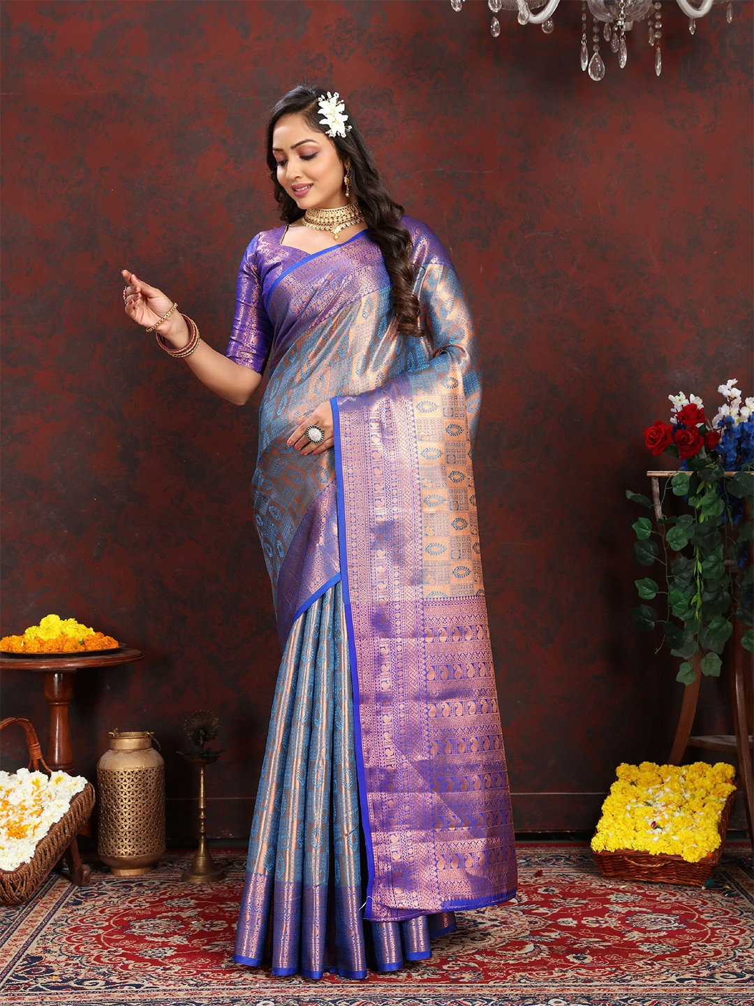 

V3 FASHION STUDIO Woven Design Zari Pure Silk Banarasi Saree, Blue