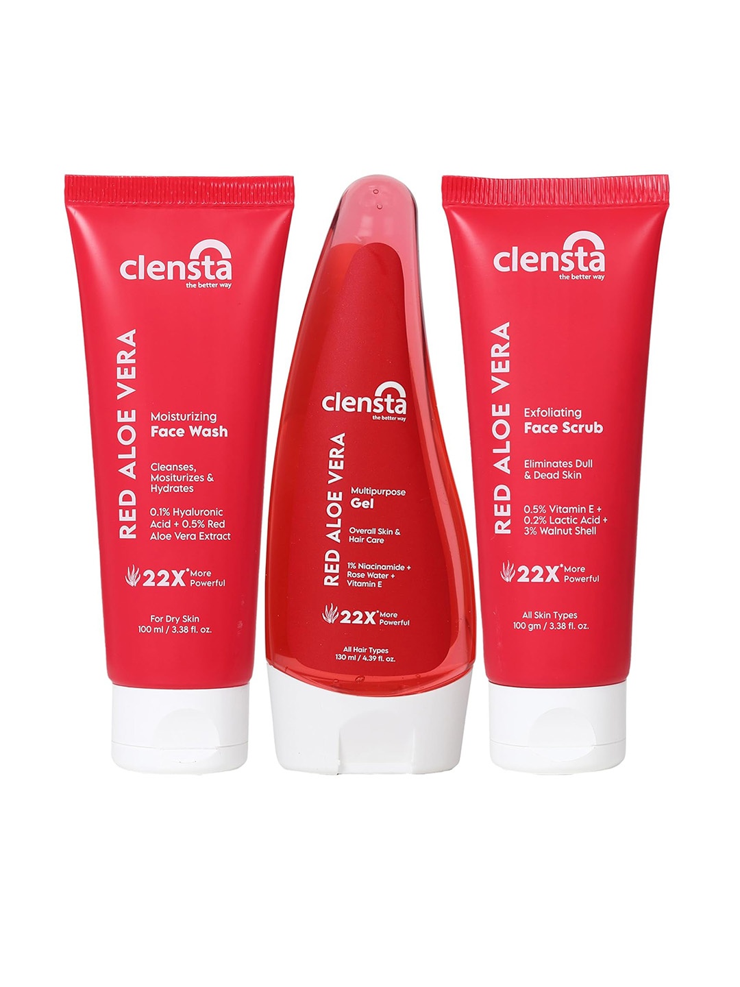 

Clensta Set Of 3 Red Aloe Vera Face Wash 100ml Scrub 100gm & Aloe Vera Gel -130ml