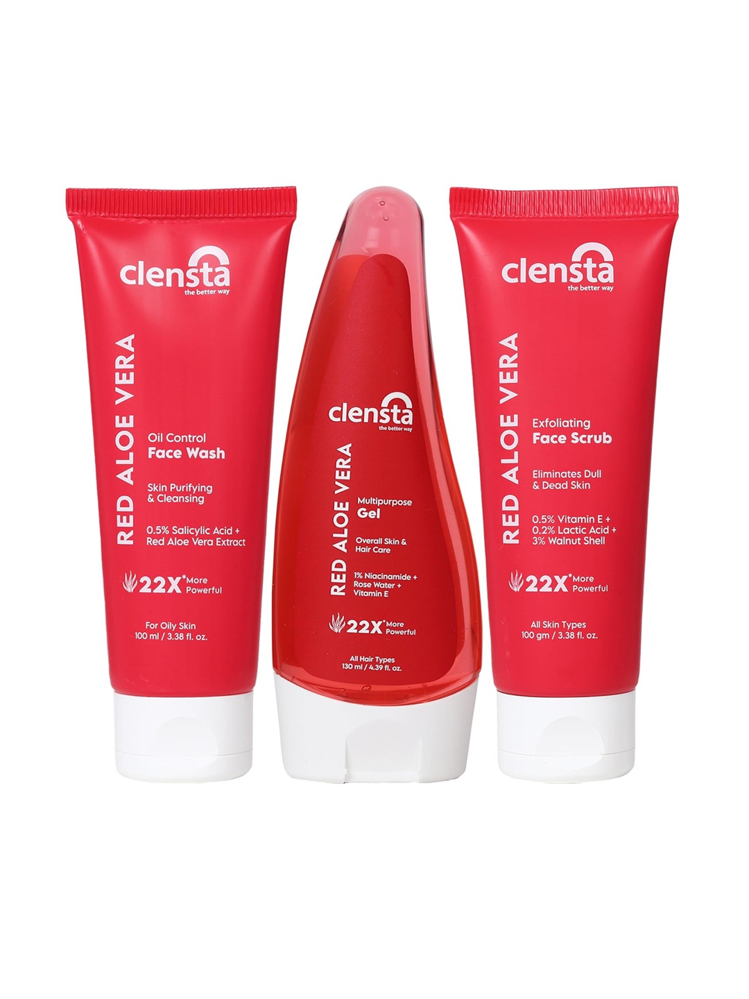 

Clensta Set Of 3 Red Aloe Vera Oil Control Face Wash 100ml Scrub 100gm & Gel 130ml