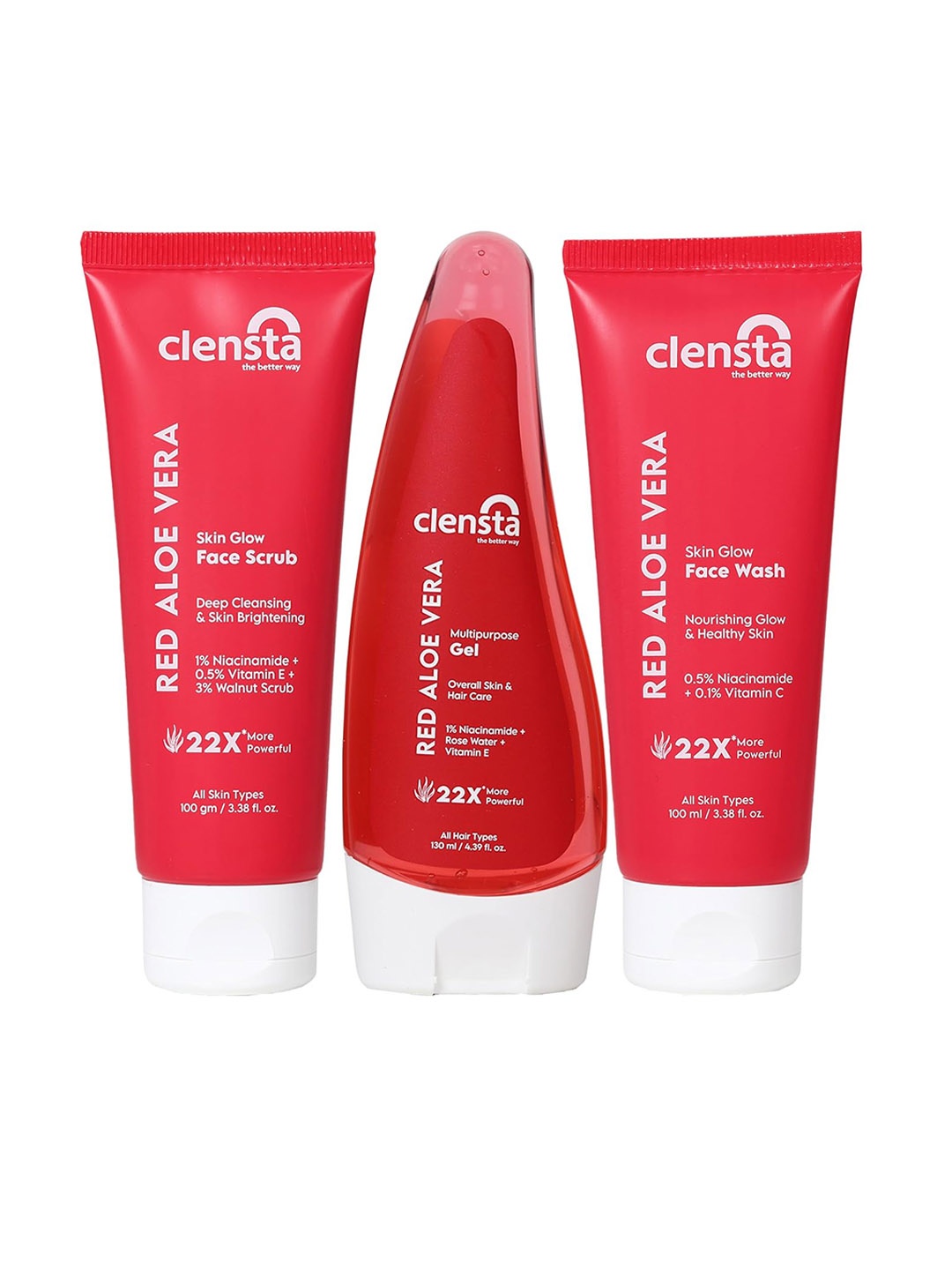 

Clensta Set Of 3 Red Aloe Vera Skin Glow Face Wash 100ml Scrub 100gm & Gel 130ml