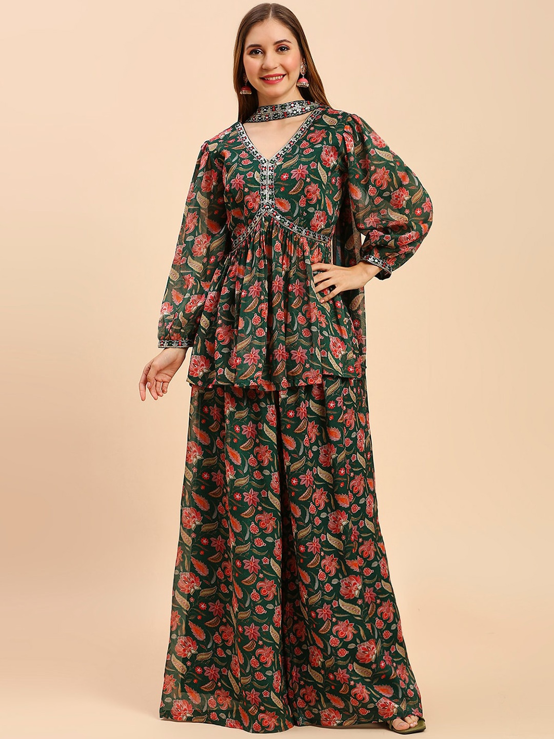 

MADHURAM Ethnic Motifs Embroidered Empire Kurti with Palazzos & Dupatta, Green