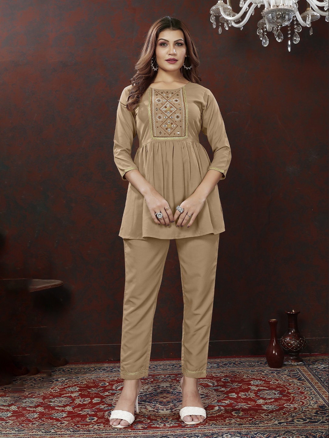 

Civamee Embroidered Pure Cotton A-Line Kurti With Trouser, Camel brown