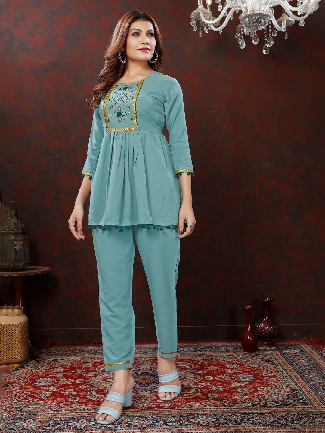 

Civamee Embroidered Pure Cotton A-Line Kurti With Trouser, Turquoise blue