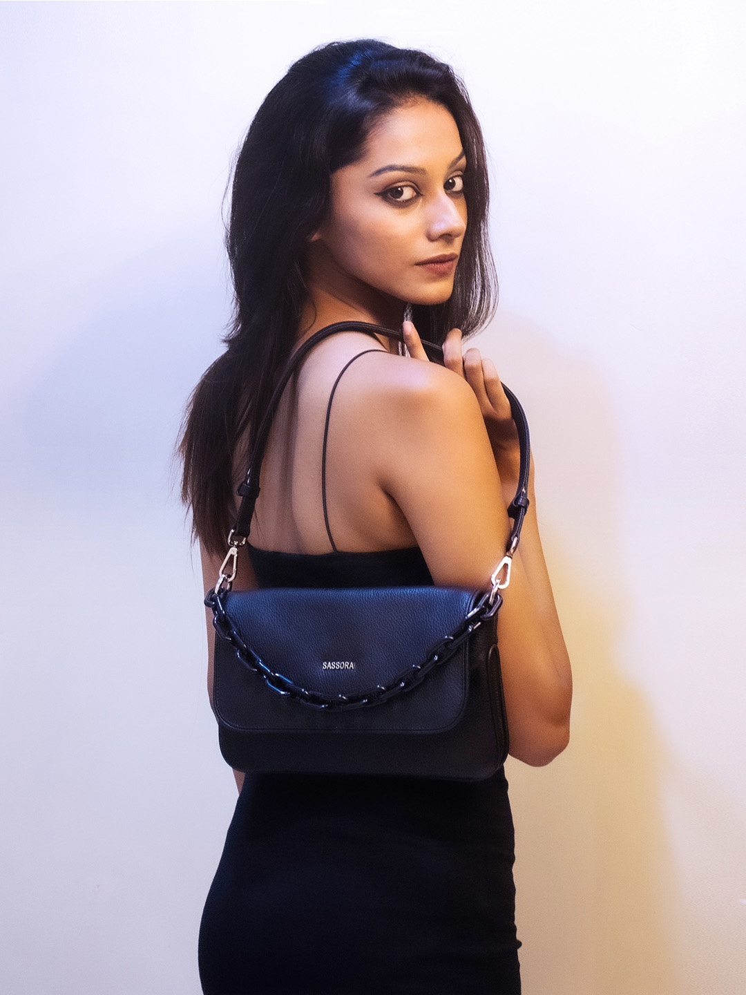 

Sassora Leather Structured Shoulder Bag, Black