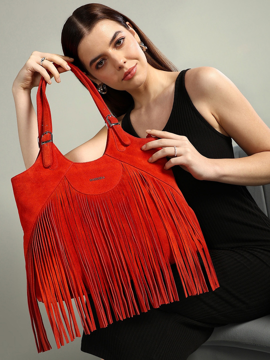 

Sassora Textured Leather Shopper Shoulder Bag With Fringed, Red
