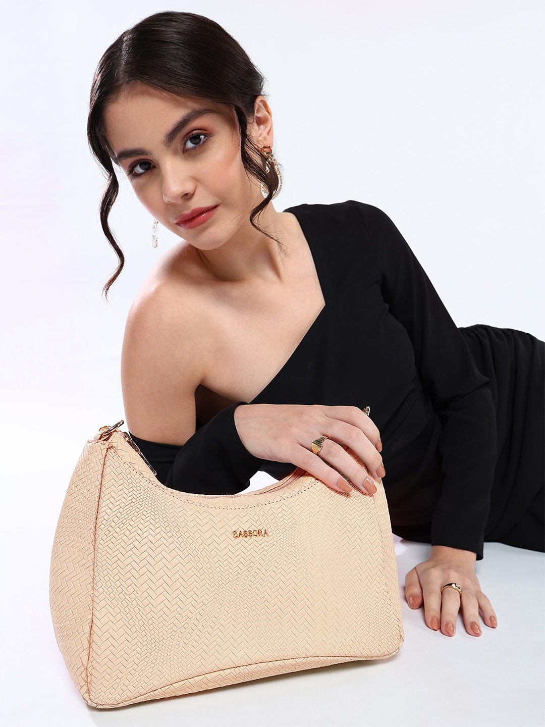 

Sassora Textured Leather Half Moon Hobo Bag, Beige