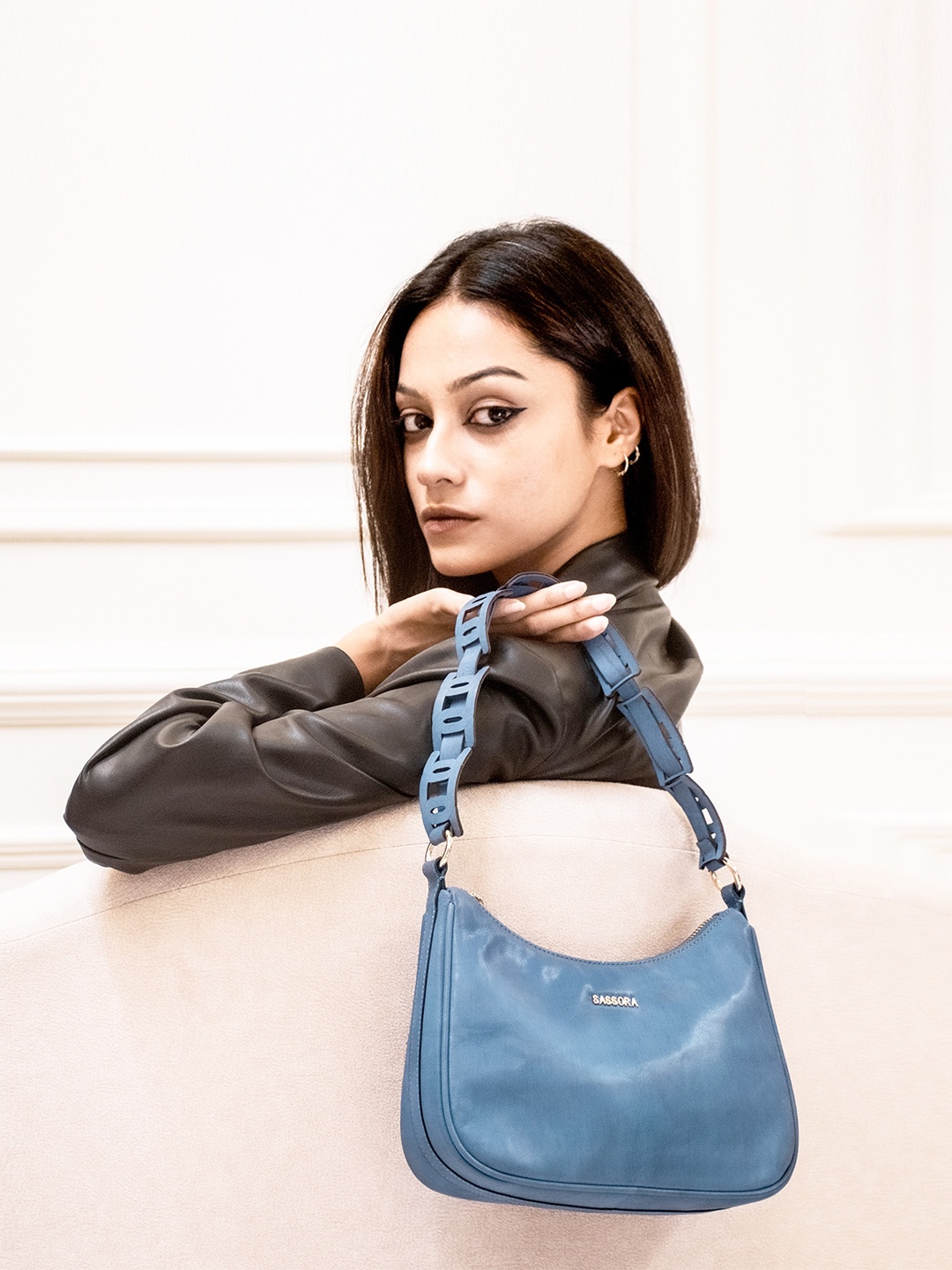 

Sassora Leather Oversized Structured Shoulder Bag, Blue
