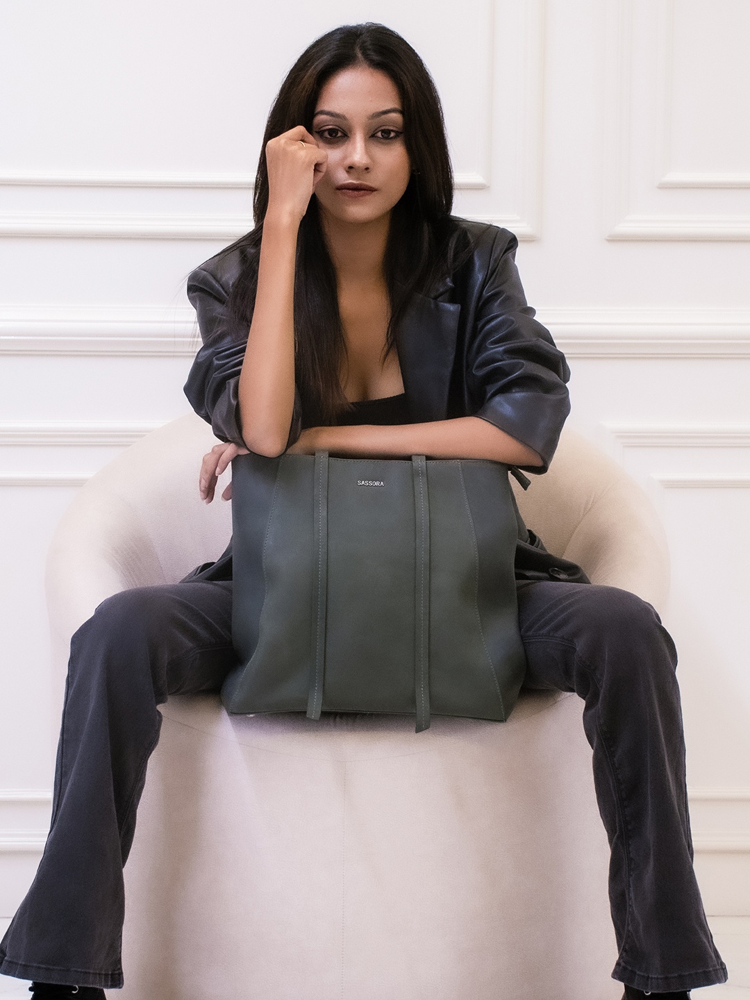 

Sassora Leather Oversized Shopper Tote Bag, Green
