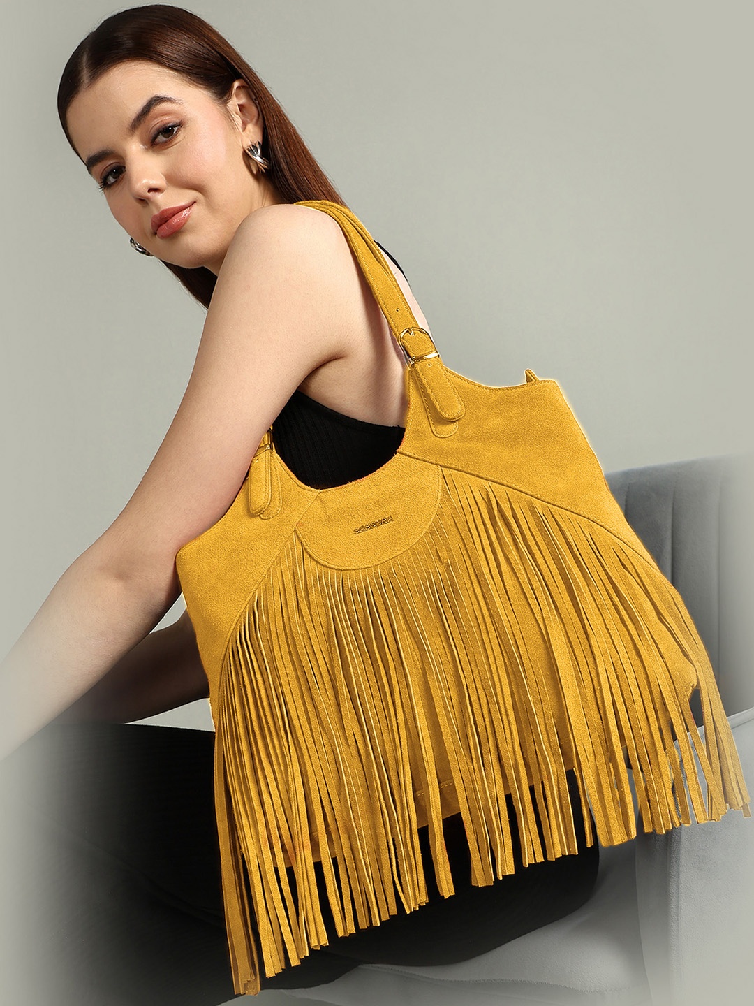

Sassora Leather Shopper Shoulder Bag with Fringed, Yellow