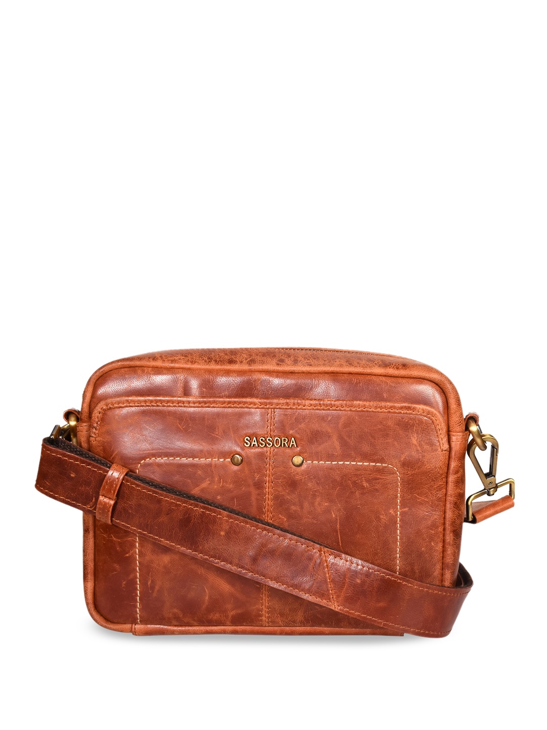 

Sassora Textured Leather Structured Sling Bag, Tan