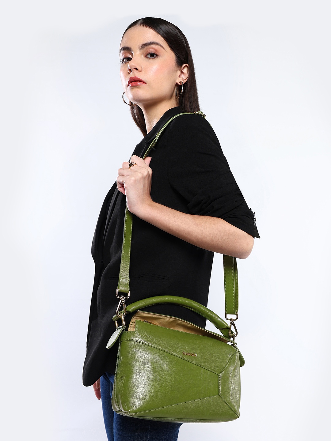 

Sassora Textured Leather Structured Handheld Bag, Green