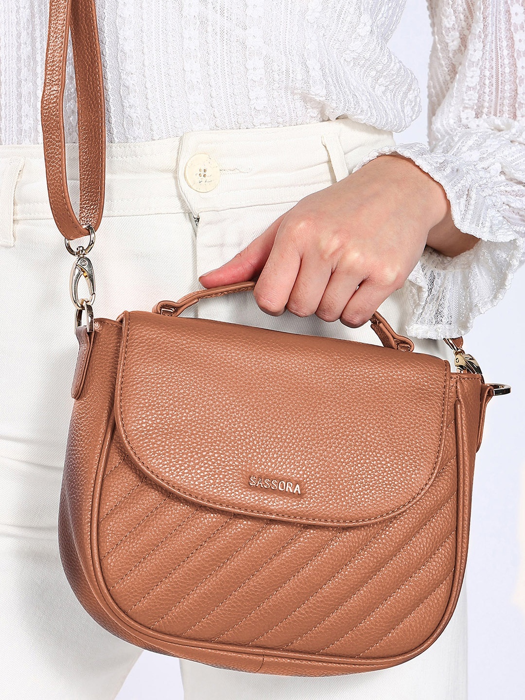 

Sassora Textured Leather Structured Satchel, Nude