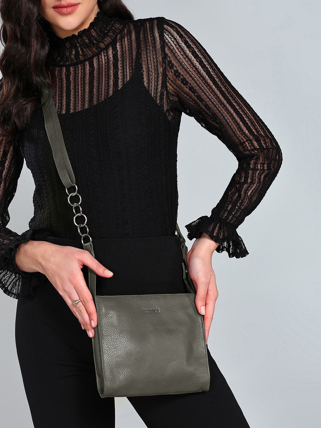

Sassora Leather Structured Sling Bag, Green