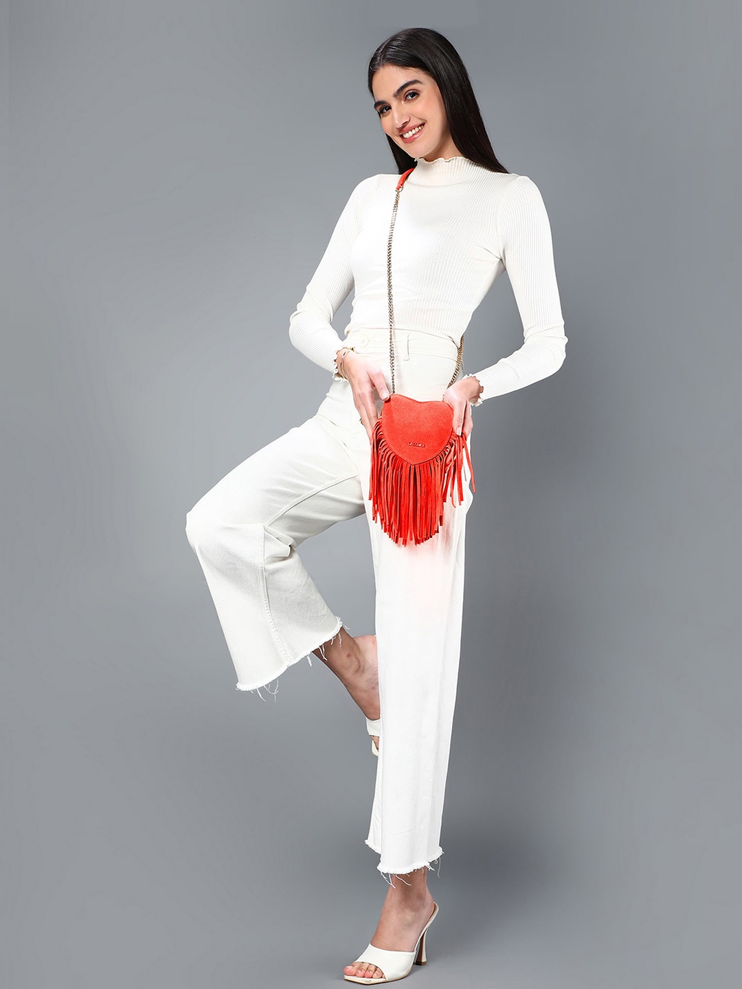 

Sassora Leather Heart Shape Structured Shoulder Bag with Tasselled, Red
