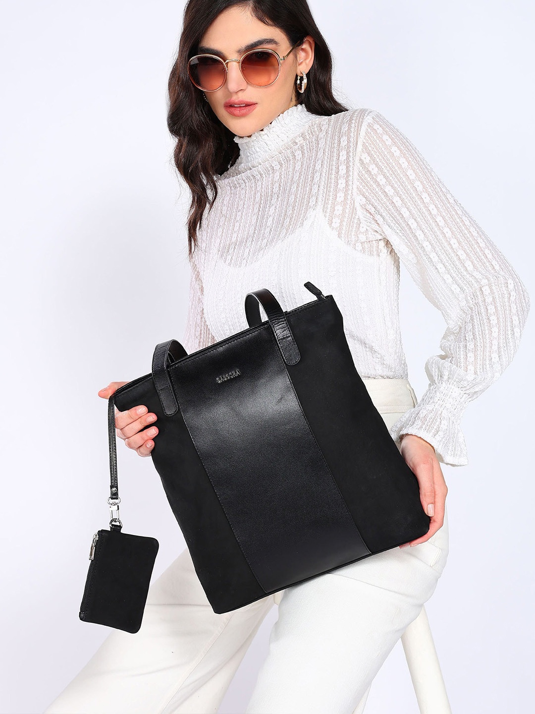 

Sassora Leather Oversized Structured Hobo Bag with Tasselled, Black