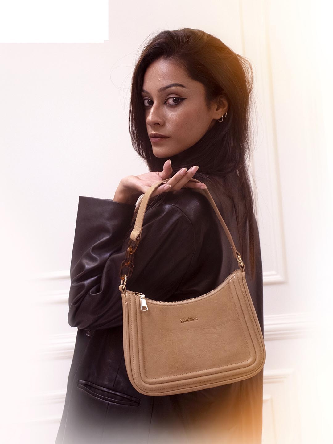 

Sassora Leather Structured Hobo Bag, Beige