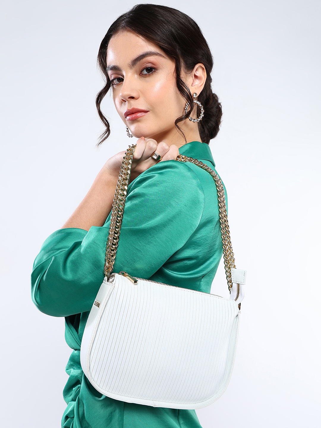 

Sassora Leather Oversized Half Moon Sling Bag, White
