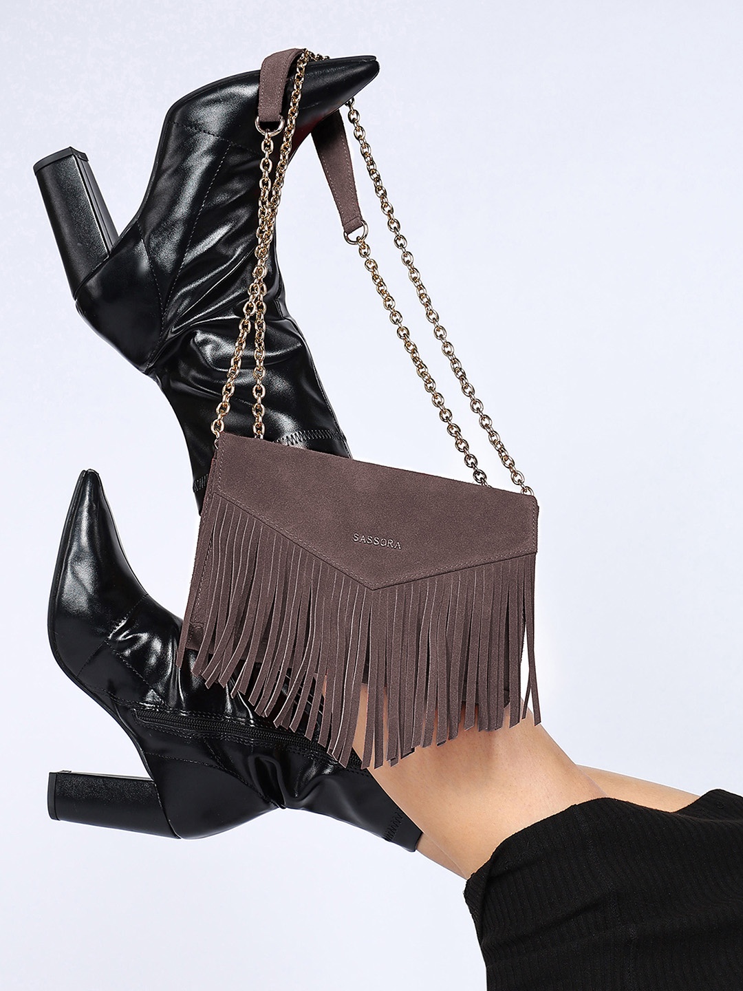 

Sassora Leather Structured Sling Bag withTasselled, Brown